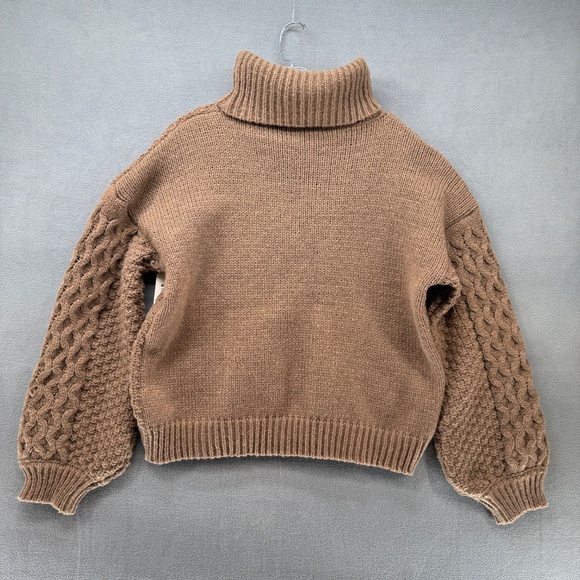 Woven Heart Sweater Women's Large Beige Cable Knit High Neck - Picture 6 of 8